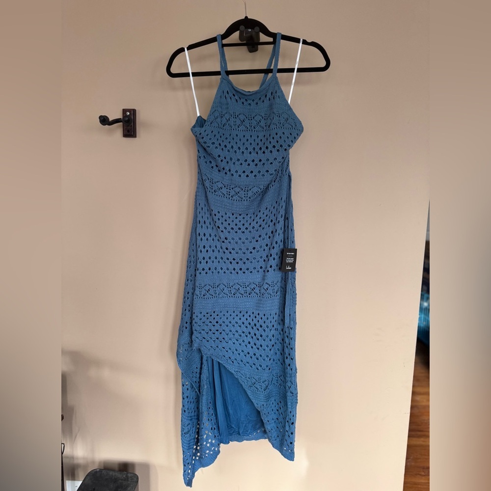 Lulus NWT Slate Blue Crochet Faux-Wrap Halter Midi Dress Size XL